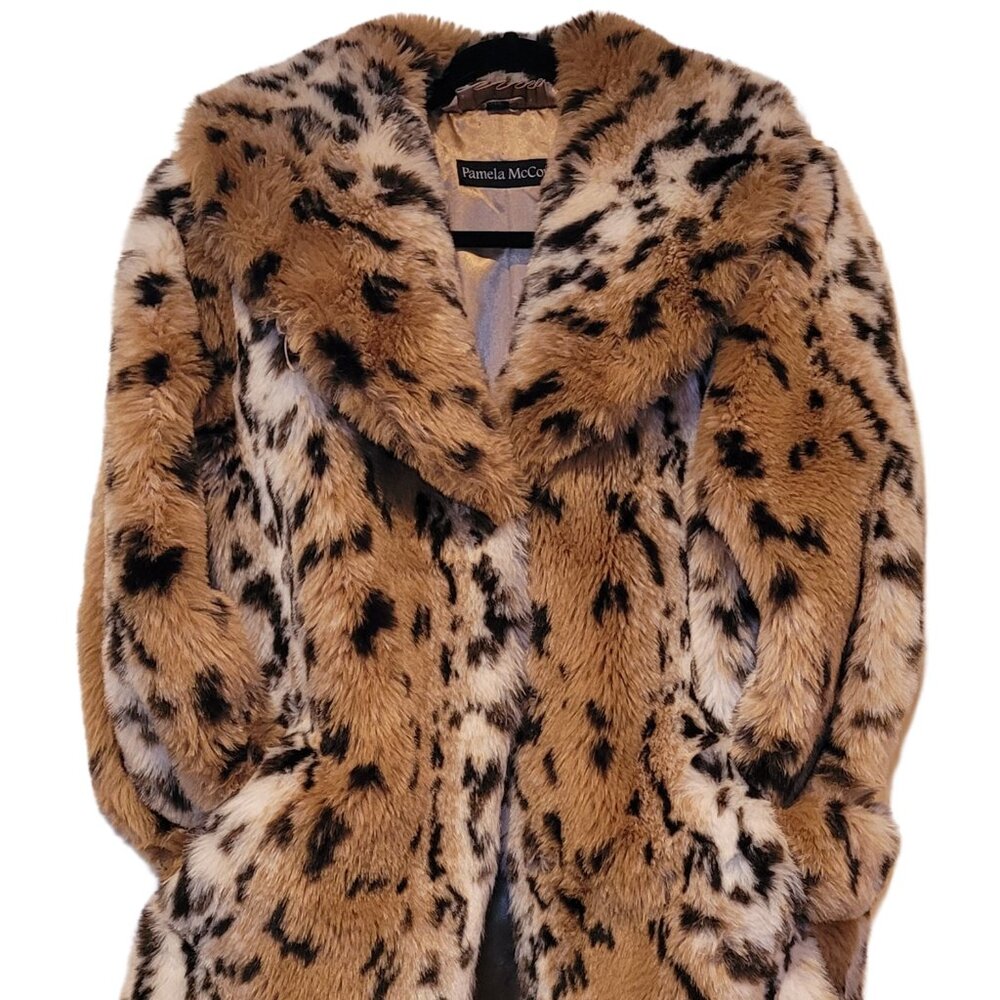 Pamela McCoy Faux Fur Leopard Print Pea Coat in Tan, Black, Cream - Picture 7 of 11